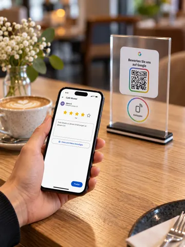 Aufsteller auf einem Cafétisch, ein Gast gibt per Handy eine Google-Bewertung ab